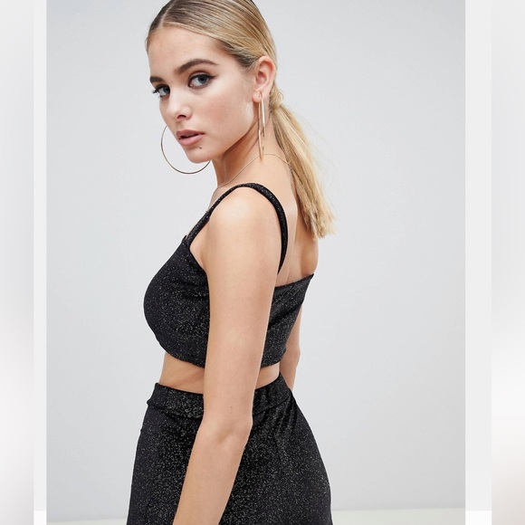 FASHIONKILLA Square Neck Crop Top & Flare Pant Two Piece in Black w/ Glitter - Picture 6 of 16